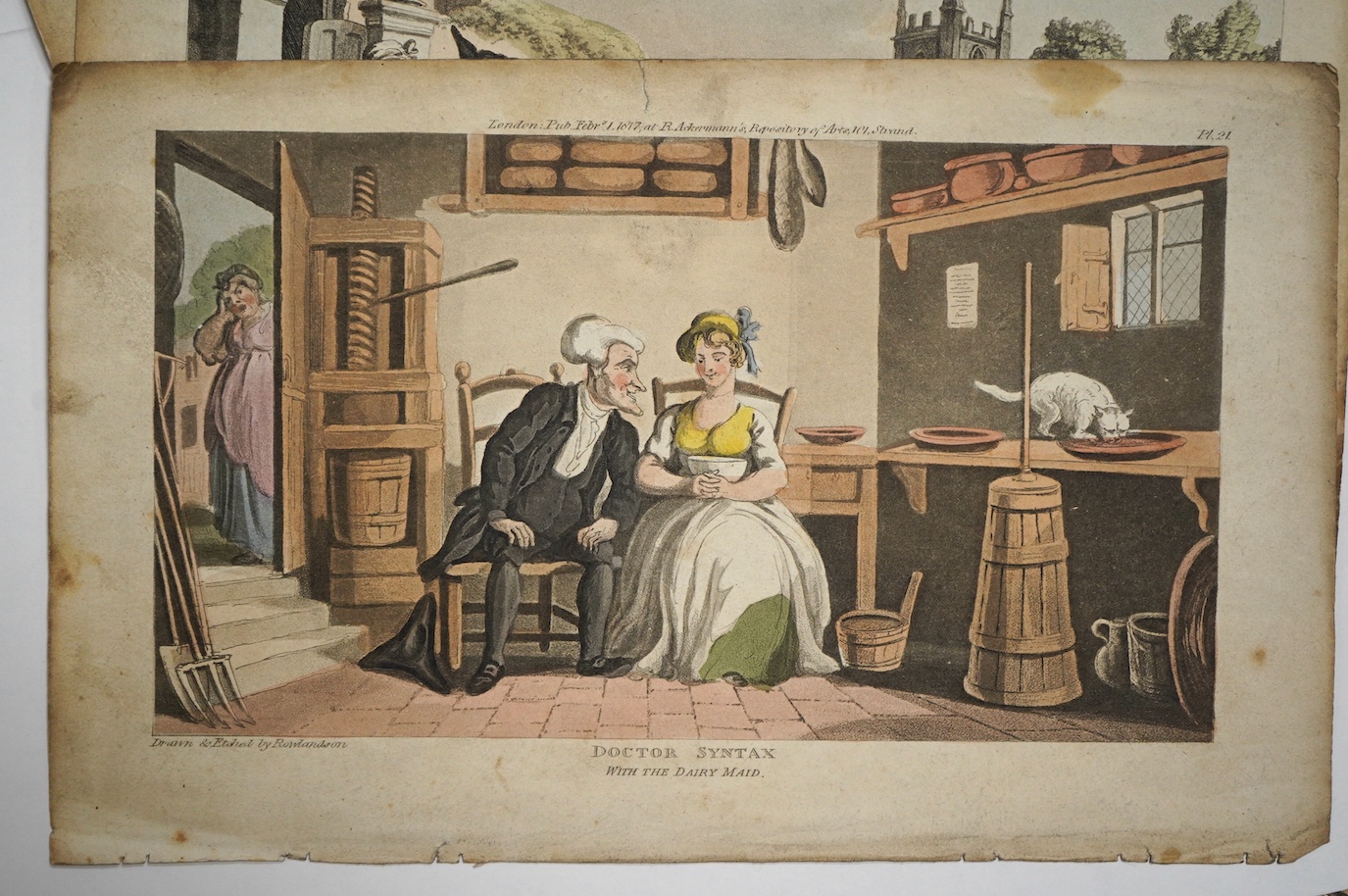 After Thomas Rowlandson (1756-1827), five hand-coloured satirical engravings ‘Doctor Syntax’, to include ‘With the Dairymaid’, publ. R. Ackermann, 1817, unframed, 14 x 23cm. Condition - poor